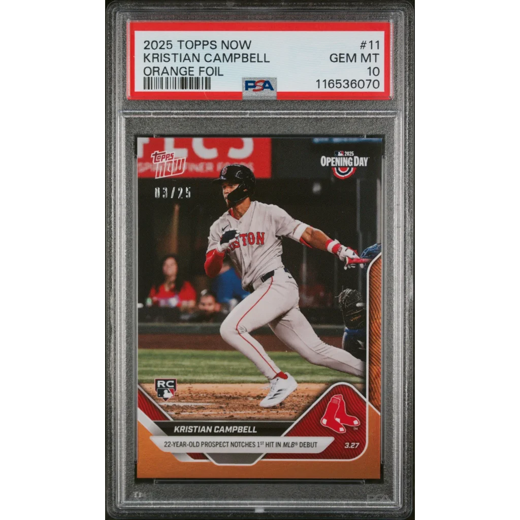 Graded 2025 Topps Now Kristian Campbell #11 Orange Foil /25 Rookie RC Baseball Card PSA 10 Gem Mint | Hall of Fame Sports Memorabilia | vintageantiquesgifts.com