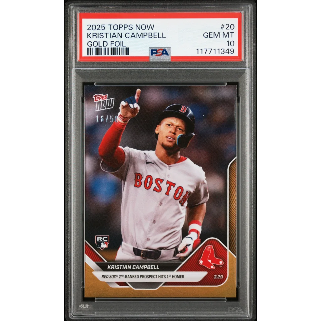 Graded 2025 Topps Now Kristian Campbell #20 Gold Foil /50 Rookie RC Baseball Card PSA 10 Gem Mint | Hall of Fame Sports Memorabilia | vintageantiquesgifts.com