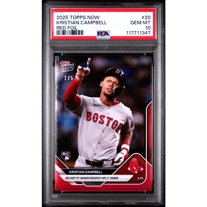 Graded 2025 Topps Now Kristian Campbell #20 Red Foil /5 Rookie RC Baseball Card PSA 10 Gem Mint | Hall of Fame Sports Memorabilia | vintageantiquesgifts.com
