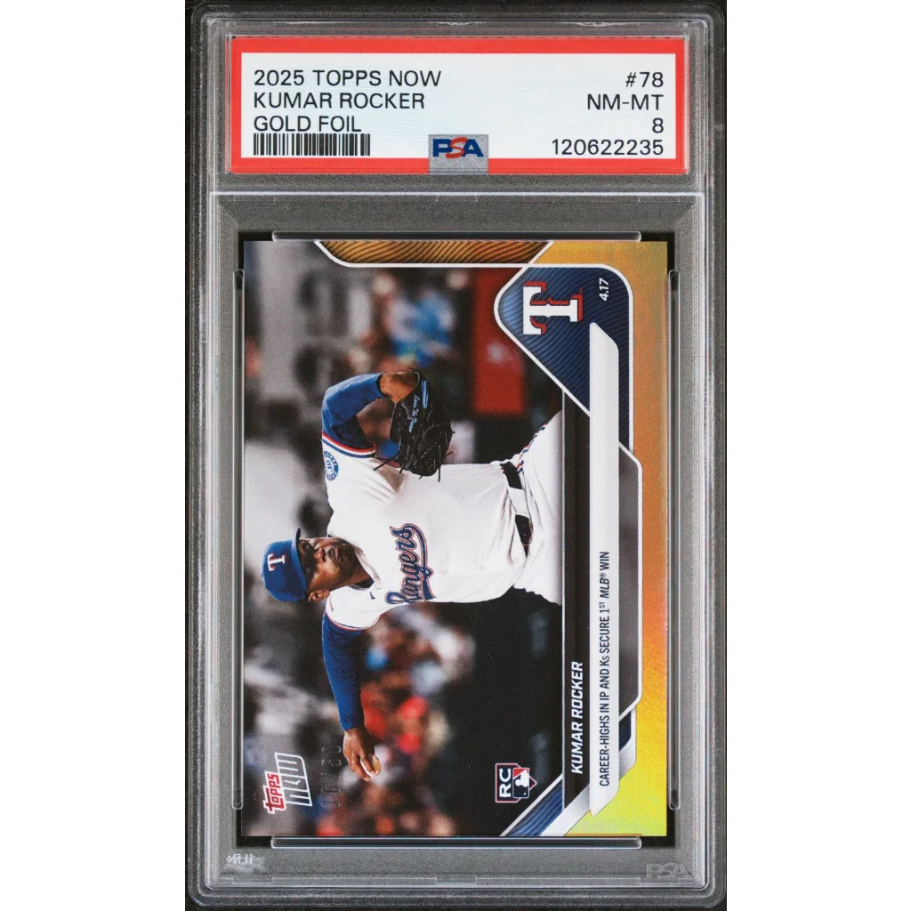 Graded 2025 Topps Now Kumar Rocker #78 Gold Foil /50 Rookie RC Baseball Card PSA 8 Near Mint | Hall of Fame Sports Memorabilia | vintageantiquesgifts.com