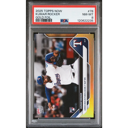 Graded 2025 Topps Now Kumar Rocker #78 Gold Foil /50 Rookie RC Baseball Card PSA 8 Near Mint | Hall of Fame Sports Memorabilia | vintageantiquesgifts.com