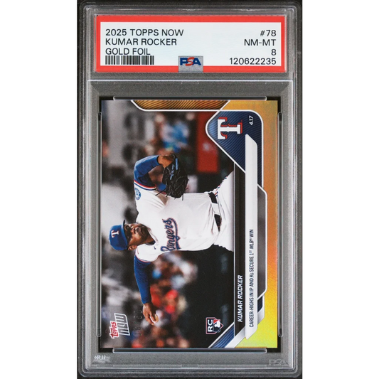Graded 2025 Topps Now Kumar Rocker #78 Gold Foil /50 Rookie RC Baseball Card PSA 8 Near Mint | Hall of Fame Sports Memorabilia | vintageantiquesgifts.com