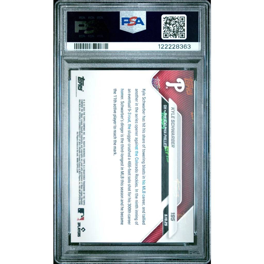 Graded 2025 Topps Now Kyle Schwarber #195 Baseball Card PSA 10 Gem Mint | PSA 10 Gem Mint Graded Baseball Card | vintageantiquesgifts.com