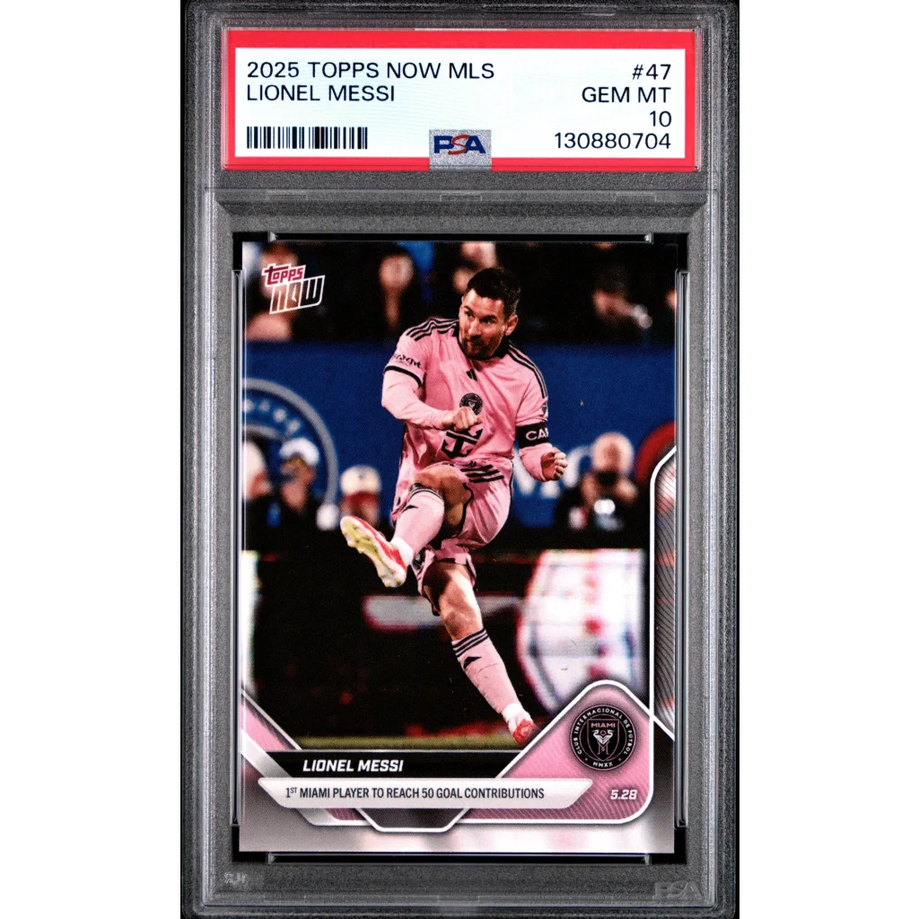 Graded PSA 10 Lionel Messi 2025 Topps Now #47 pink jersey soccer card