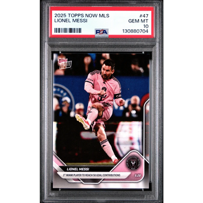 Graded PSA 10 Lionel Messi 2025 Topps Now #47 pink jersey soccer card
