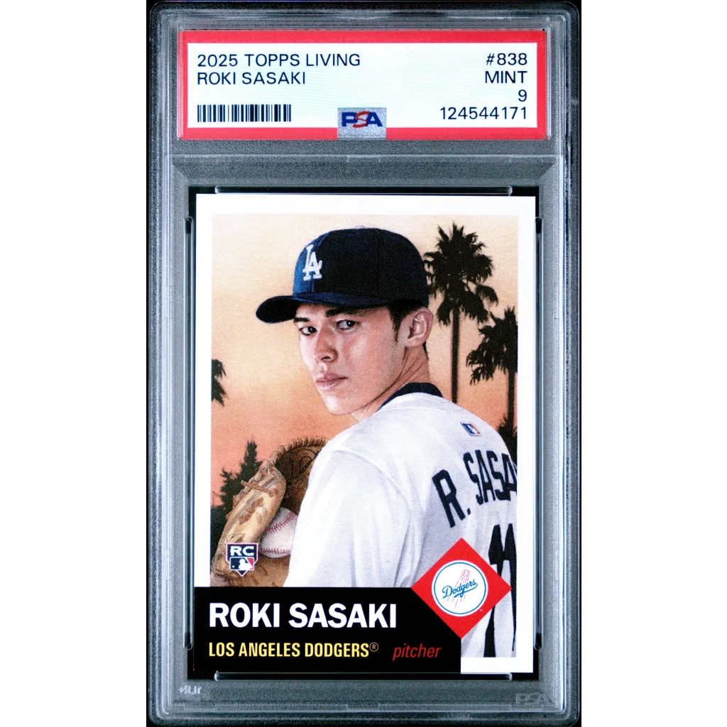 Graded 2025 topps living roki sasaki rookie baseball card psa 9 mint in white los angeles dodgers jersey and black cap