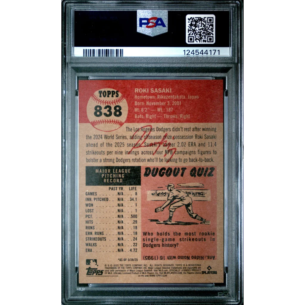 Back of graded 2025 topps living roki sasaki #838 rookie rc baseball card psa 9 with orange brown design and stats