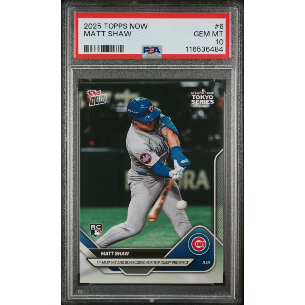 Graded 2025 Topps Now Matt Shaw Chicago Cubs baseball card in PSA case