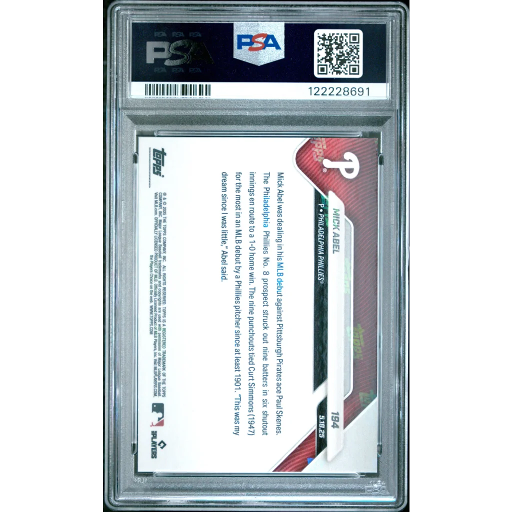 Graded 2025 Topps Now Mick Abel #194 Gold Foil /50 Rookie Baseball Card PSA 10 Gem Mint | PSA 10 Gem Mint Graded Rookie Card | vintageantiquesgifts.com
