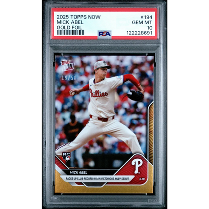 Graded 2025 Topps Now Mick Abel #194 Gold Foil /50 Rookie Baseball Card PSA 10 Gem Mint | Hall of Fame Sports Memorabilia | vintageantiquesgifts.com