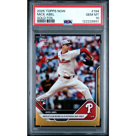 Graded 2025 Topps Now Mick Abel #194 Gold Foil /50 Rookie Baseball Card PSA 10 Gem Mint | Hall of Fame Sports Memorabilia | vintageantiquesgifts.com