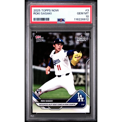 Graded 2025 Topps Now Roki Sasaki #3 Rookie RC Baseball Card PSA 10 Gem Mint | Hall of Fame Sports Memorabilia | vintageantiquesgifts.com