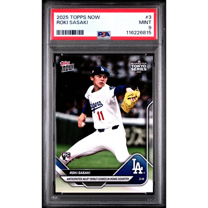 Graded 2025 Topps Now Roki Sasaki #3 Rookie RC Baseball Card PSA 9 Mint