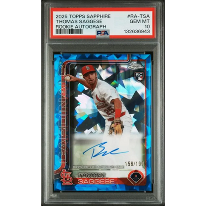 Graded 2025 Topps Sapphire Thomas Saggese RA-TSA Rookie Autograph 199 Rookie RC Baseball Card PSA 10 Gem Mint | Hall of Fame Sports Memorabilia | vintageantiquesgifts.com