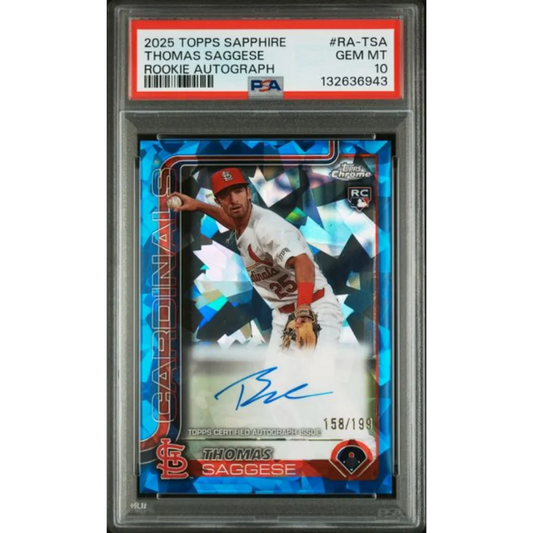 Graded 2025 Topps Sapphire Thomas Saggese RA-TSA Rookie Autograph 199 Rookie RC Baseball Card PSA 10 Gem Mint | Hall of Fame Sports Memorabilia | vintageantiquesgifts.com
