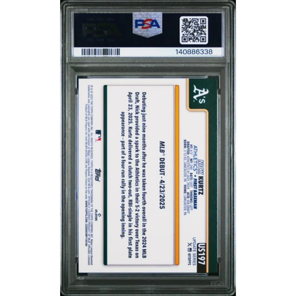 PSA 10 Graded 2025 Topps Update Nick Kurtz #197 Rookie RC Athletics Card