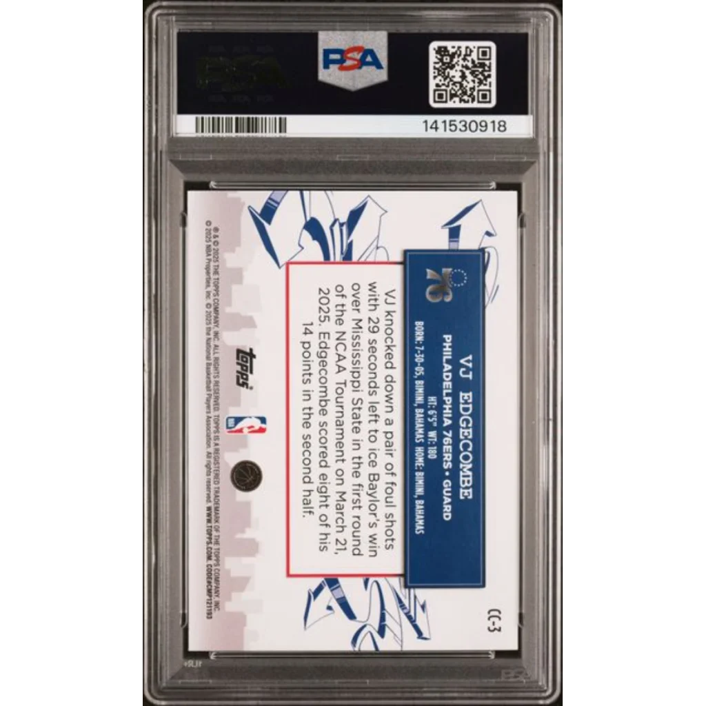 Graded 2025 Topps VJ Edgecombe CC3 Clutch City Prospects Rookie RC Basketball Card PSA 10 Gem Mint | PSA 10 Gem Mint Graded Rookie Card | vintageantiquesgifts.com