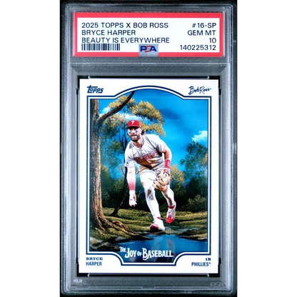 Graded 2025 Topps x Bob Ross Bryce Harper 16SP Beauty is Everywhere Baseball Card PSA 10 Gem Mint | Hall of Fame Sports Memorabilia | vintageantiquesgifts.com
