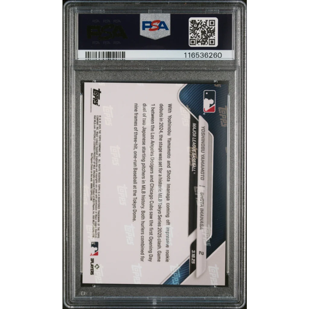 PSA graded baseball card of Yoshinobu Yamamoto and Shota Imanaga from Topps Now