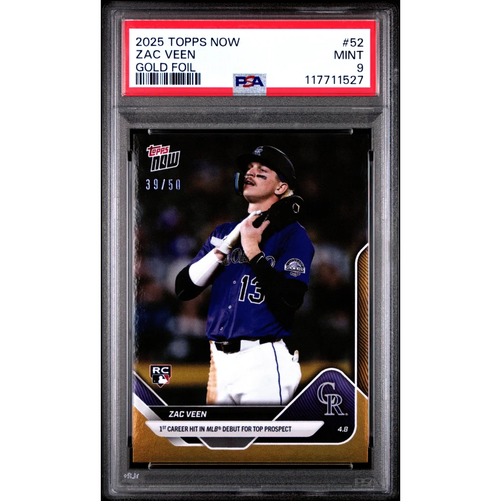 Graded PSA 9 Mint 2025 Topps Now Zac Veen #52 Gold Foil /50 Rockies Rookie Card
