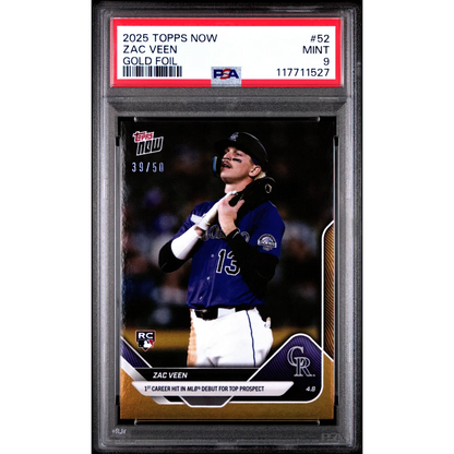 Graded PSA 9 Mint 2025 Topps Now Zac Veen #52 Gold Foil /50 Rockies Rookie Card