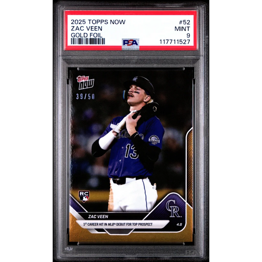 Graded PSA 9 Mint 2025 Topps Now Zac Veen #52 Gold Foil /50 Rockies Rookie Card