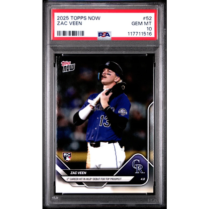 Graded 2025 Topps Now Zac Veen #52 Rookie RC Baseball Card PSA 10 Gem Mint | Hall of Fame Sports Memorabilia | vintageantiquesgifts.com