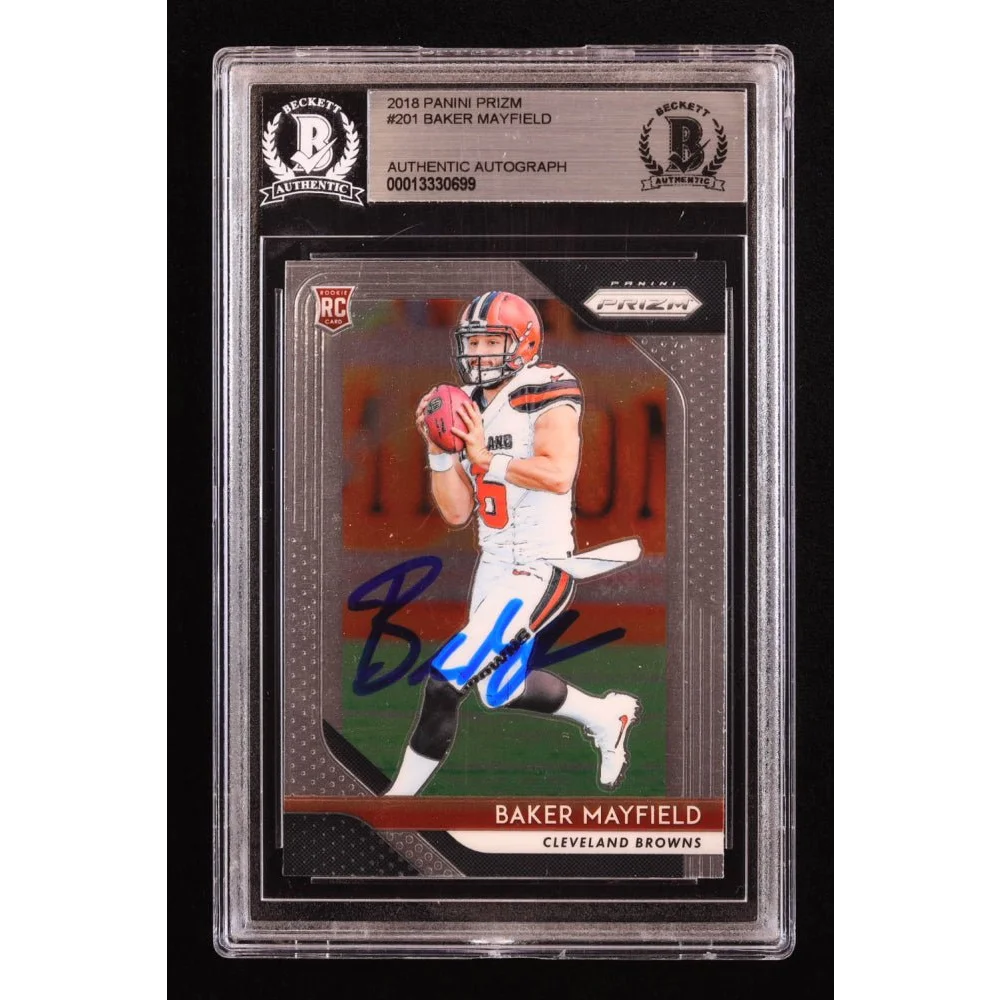 Graded 2018 Panini Prizm Baker Mayfield rookie card with authentic autograph for collectors