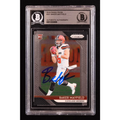 Graded 2018 Panini Prizm Baker Mayfield rookie card with authentic autograph for collectors