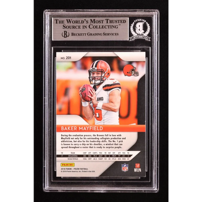 Baker Mayfield graded rookie football card with autograph in protective case