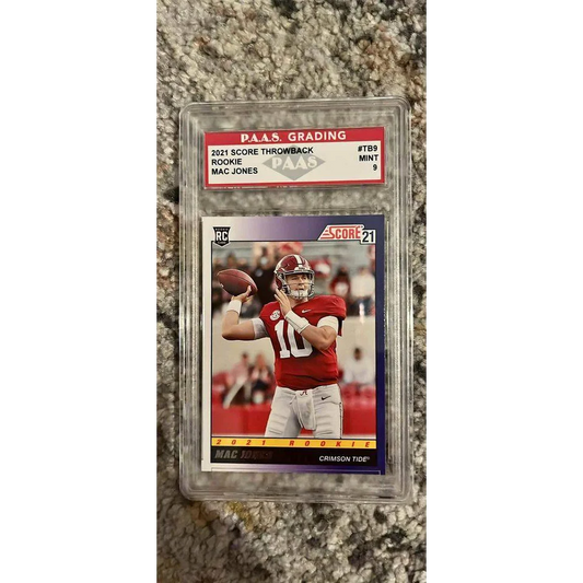Graded 2021 Mac Jones rookie football card, sports memorabilia collectible for fans