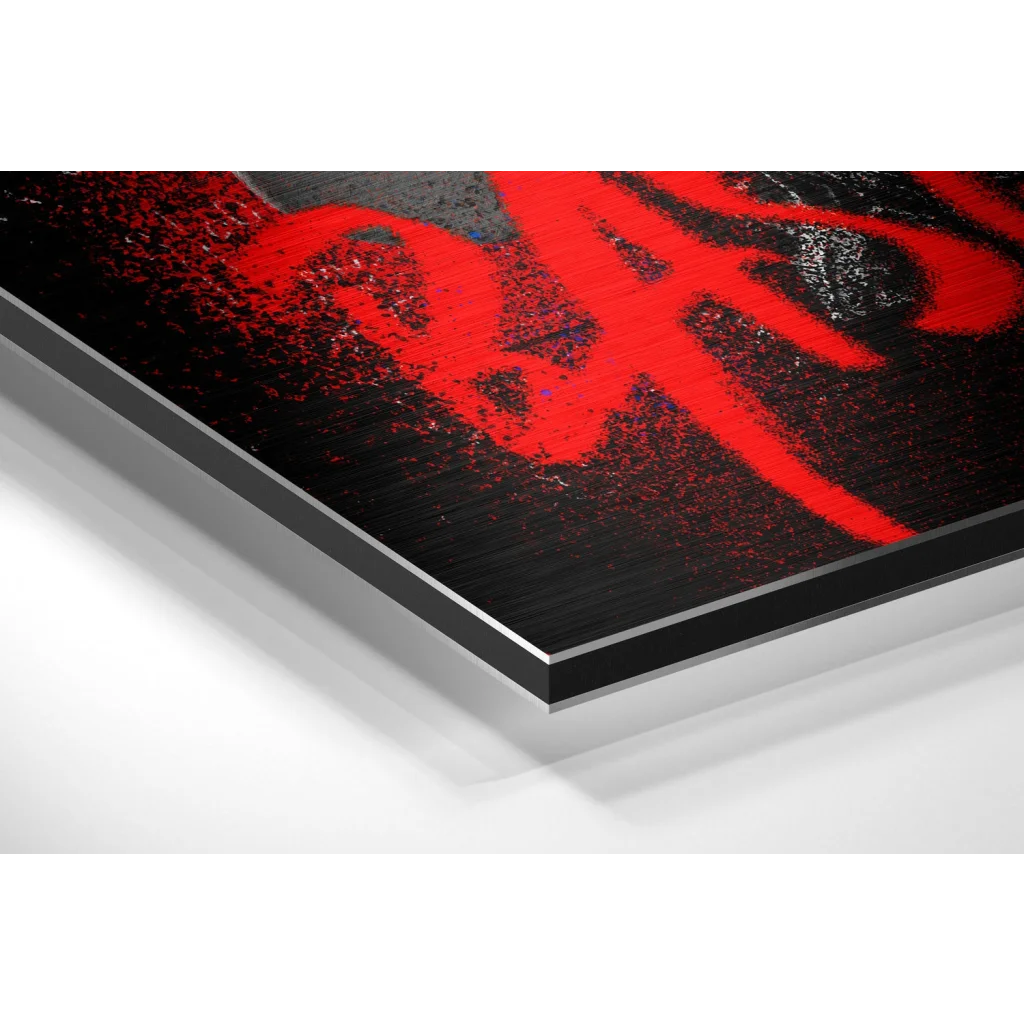 Glass Wall Art Bold red graffiti on brushed aluminium dibond metal print