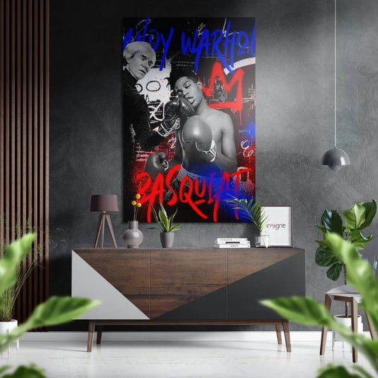 Vibrant Basquiat and Warhol graffiti portrait on brushed aluminium dibond print