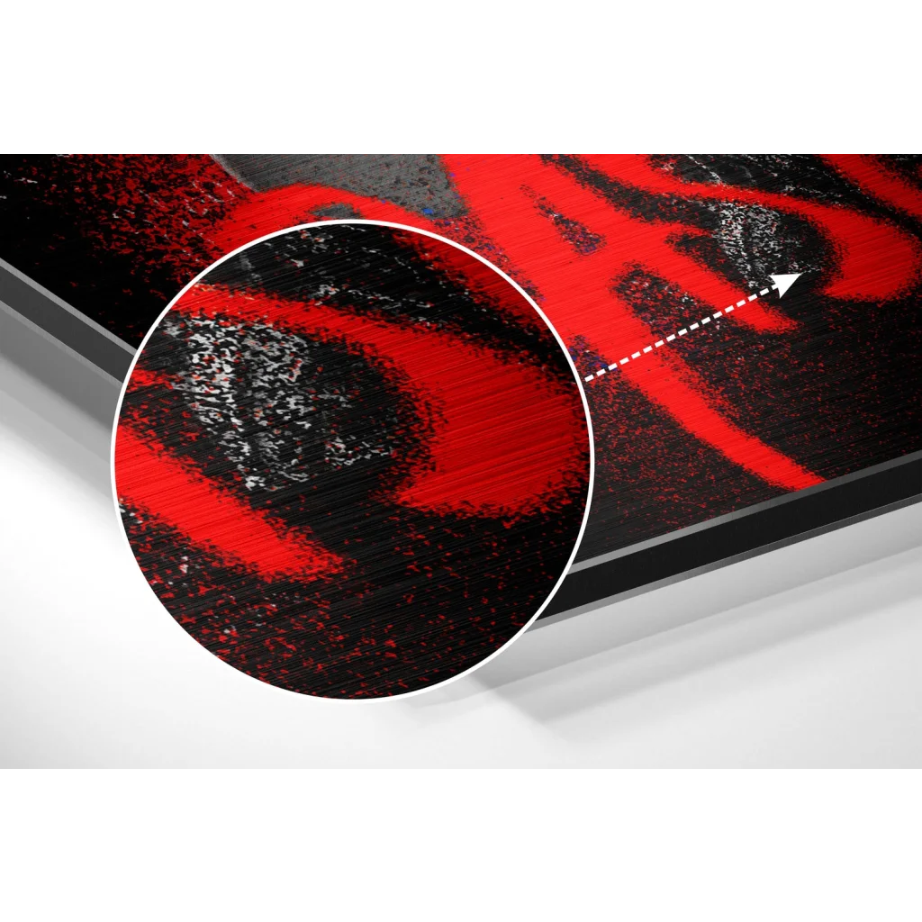 glass wall art Vibrant red and black graffiti on brushed aluminium Dibond metal print