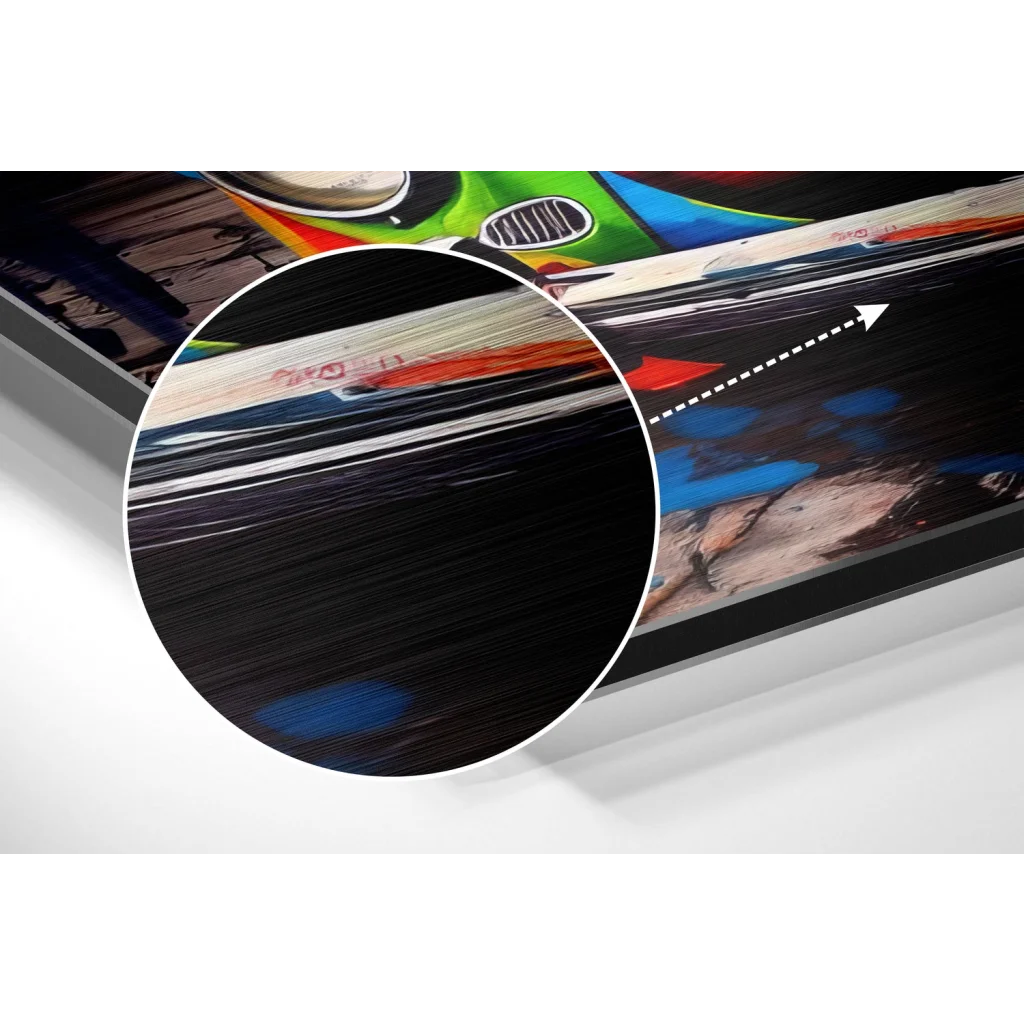 Vibrant graffiti beetle art on sleek black-framed brushed aluminium dibond canvas