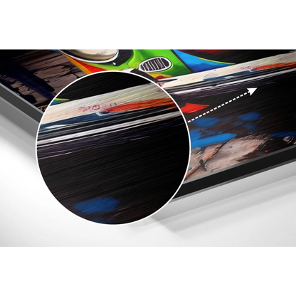 Vibrant graffiti beetle art on sleek black-framed brushed aluminium dibond canvas