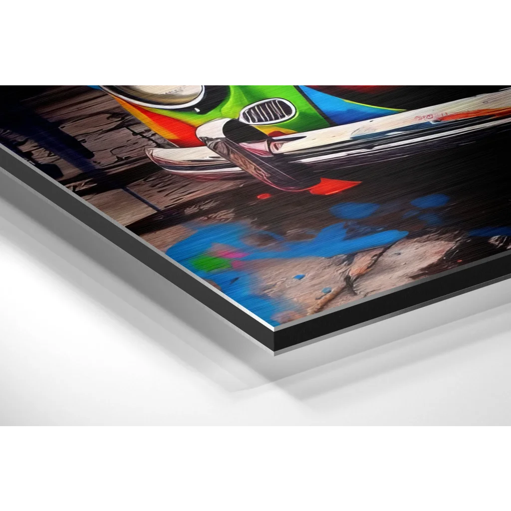 Vibrant graffiti beetle art on brushed aluminium dibond print
