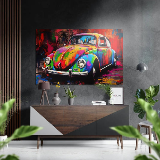 Vibrant graffiti Volkswagen Beetle on brushed aluminium dibond print