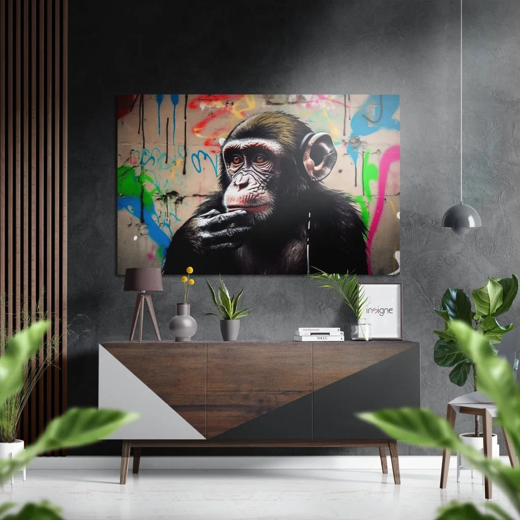 Vibrant graffiti chimp on brushed aluminium dibond print