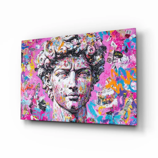 Vibrant pink and blue graffiti David statue canvas wall art