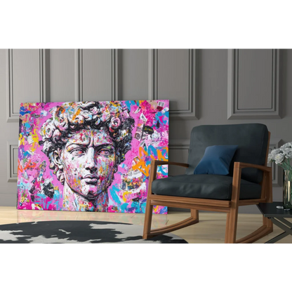 Vibrant pop-art Graffiti David canvas wall art with bold pink splash
