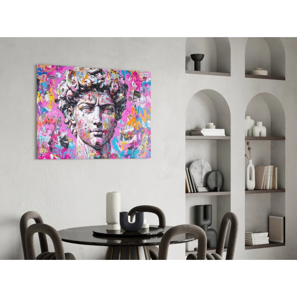 Vibrant Graffiti David statue canvas wall art with pink, blue, yellow splatters