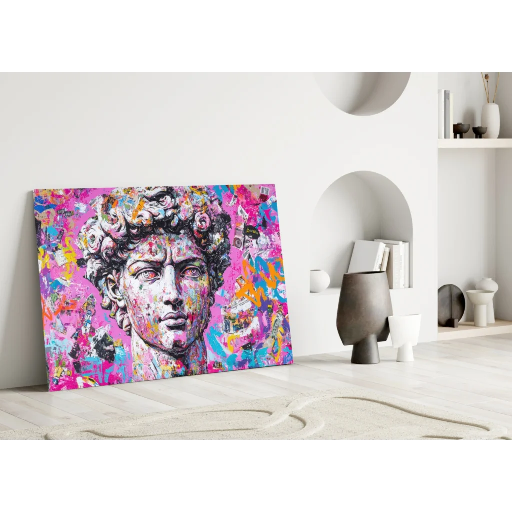Vibrant graffiti David statue canvas wall art with bold pink splashes