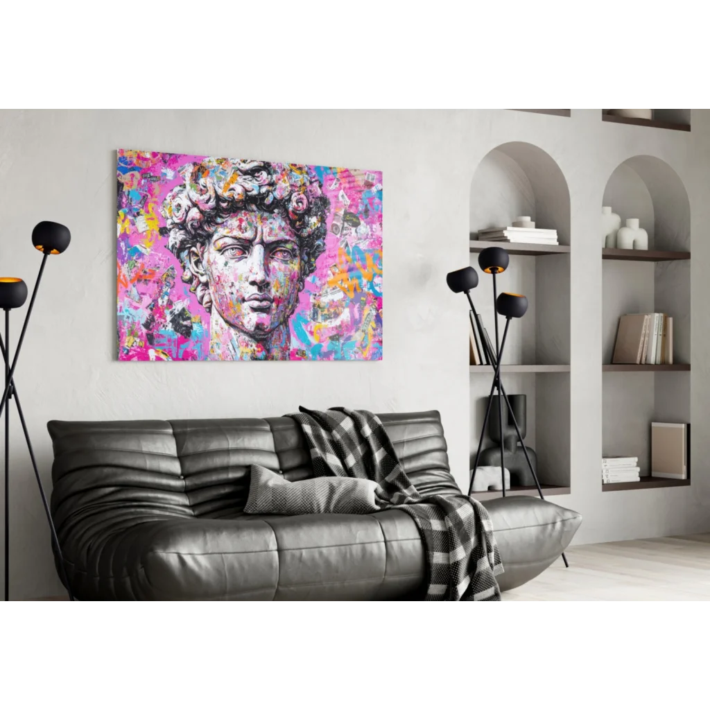 Vibrant Graffiti David canvas wall art with pink, purple, blue splatters