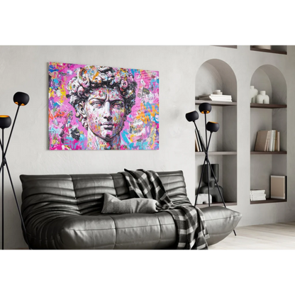 Vibrant Graffiti David canvas wall art with pink, purple, blue splatters