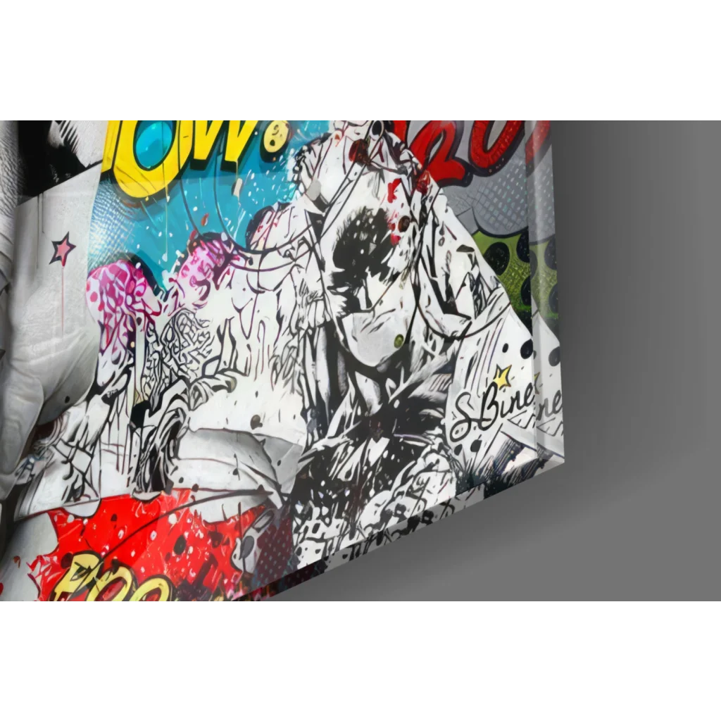 Vibrant comic book wall art canvas print of Marilyn Monroe with bold black-and-white illustrations and pink, red, yellow splashes