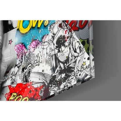 Vibrant comic book wall art canvas print of Marilyn Monroe with bold black-and-white illustrations and pink, red, yellow splashes