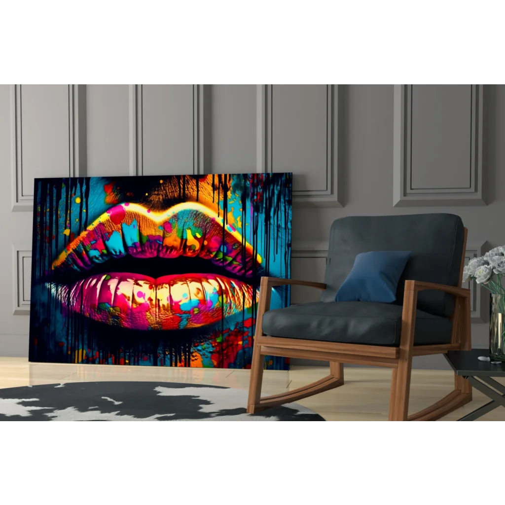 Vibrant graffiti lips wall art print on canvas