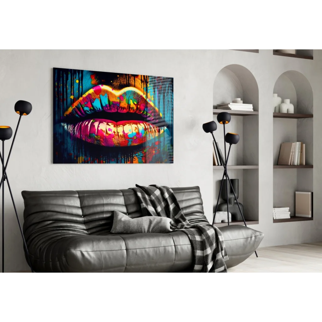 Graffiti Lips colorful wall art print on black leather couch