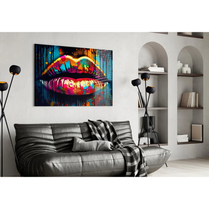 Graffiti Lips colorful wall art print on black leather couch